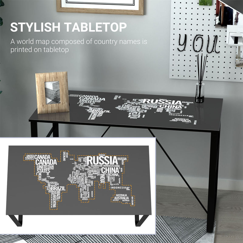 HOMCOM Glass Top Writing Desk with World Map Printing - Black