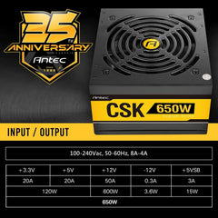 Antec Bronze Power Supply, CSK 650W 80+ Bronze Certified PSU, Continuous Power with 120mm Silent Cooling Fan, ATX 12V 2.31 / EPS 12V, Bronze Power Supply