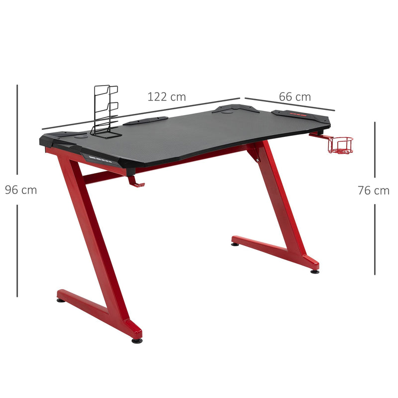 HOMCOM Gaming Desk, Ergonomic Home Office Desk, Gamer Workstation Racing Table, with Headphone Hook and Cup Holder, 122 x 66 x 86cm, Black and Red