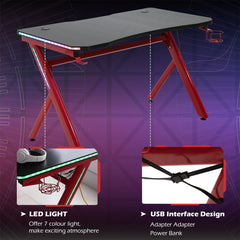 HOMCOM Gaming Desk Computer Table Metal Frame with LED Light, Cup Holder, Headphone Hook, Cable Hole, Red