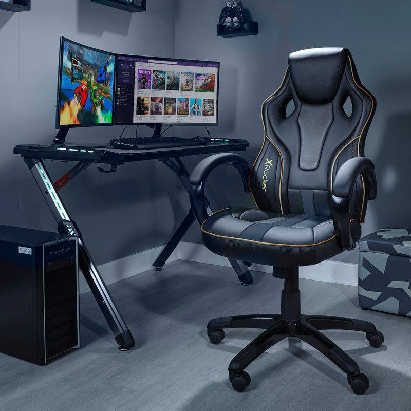 X Rocker | Maverick Height Adjustable Office Gaming Chair with Natural Lumbar support - Black/Gold