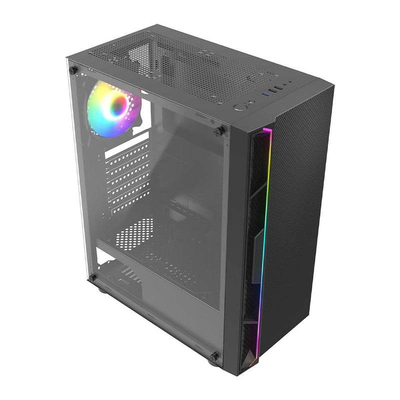 CIT Galaxy Black Mid-Tower PC Gaming Case with 1 x LED Strip 1 x 120mm Rainbow RGB Fan Included Tempered Glass Side Panel