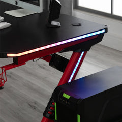 HOMCOM Gaming Desk with RGB LED Lights Racing Style Gaming Table with Cup Holder, Cable Management, Red
