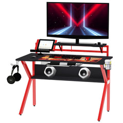 HOMCOM Gaming Desk Computer Table Stable Metal Frame Adjustable Feet w/ Cup Holder Headphone Hook, Cable Basket - Red
