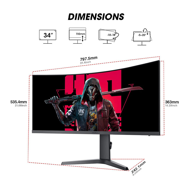 Koorui 34" WQHD 165Hz Curved Gaming Monitor (34E6UC)