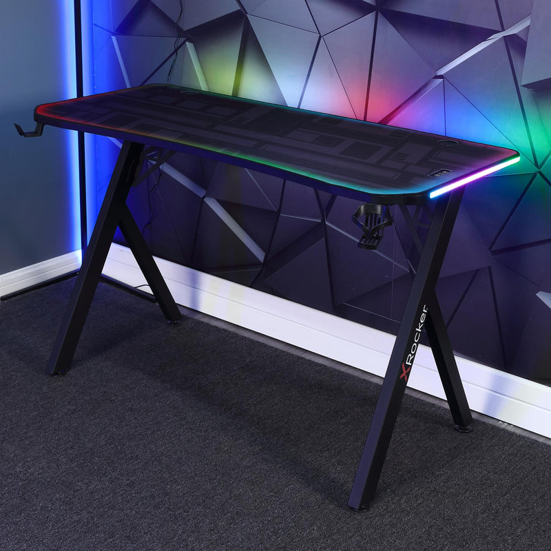 X Rocker Lumio Compact Gaming Desk with 3 Sided app-controlled LED Lighting - Black