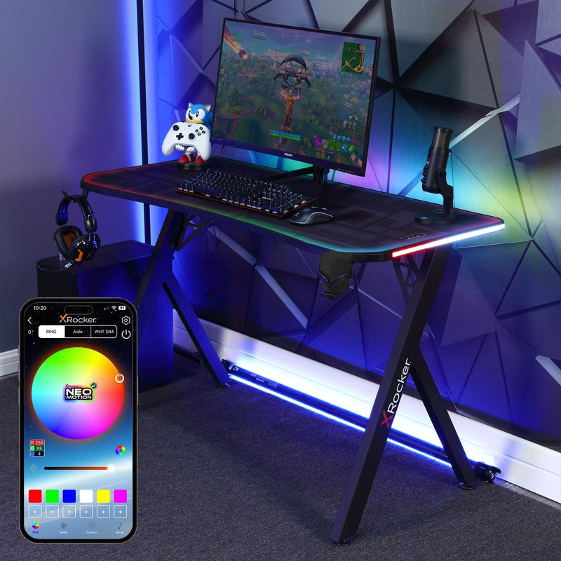 X Rocker Lumio Compact Gaming Desk with 3 Sided app-controlled LED Lighting - Black