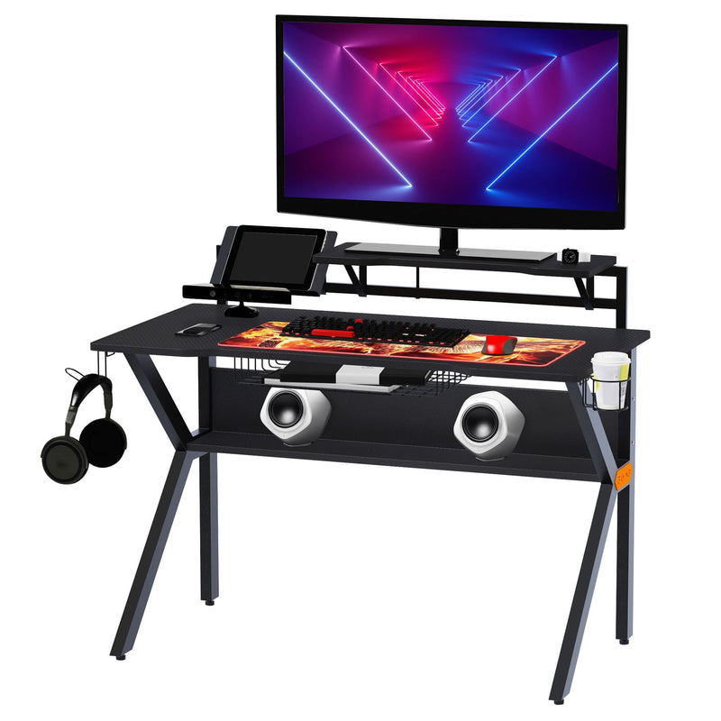 HOMCOM Gaming Desk Computer Table Stable Metal Frame Adjustable Feet w/ Cup Holder Headphone Hook, Cable Basket - Black