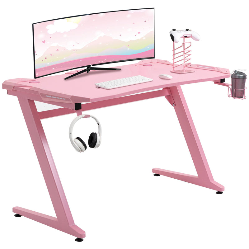 HOMCOM Gaming Desk, Ergonomic Home Office Desk, Gamer Workstation Racing Table, with Headphone Hook and Cup Holder, 122 x 66 x 86cm, Pink