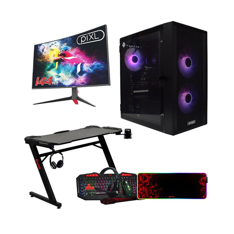 RGB Gaming Bundle - 24" Curved Monitor, Desk, RGB Gaming Case, Keyboard & Mouse, Gaming PC