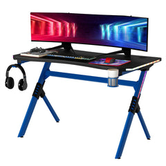 HOMCOM Gaming Desk with RGB LED Lights Racing Style Gaming Table with Cup Holder, Cable Management, Blue