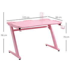HOMCOM Gaming Desk, Ergonomic Home Office Desk, Gamer Workstation Racing Table, with Headphone Hook and Cup Holder, 122 x 66 x 86cm, Pink