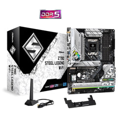 ASRock Z790 STEEL LEGEND WIFI Motherboard, Intel Socket 1700, ATX, DDR5, USB Type-C 3.2 Gen2x2, 1x PCIe 5.0 x16, 1x PCIe 4.0 x16, 1x PCIe 3.0 x16, 1x M.2 Key-E for WiFi, 1 HDMI, 1 DisplayPort, eDP, 802.11ax Wi-Fi 6E + Bluetooth, Realtek 2.5G LAN