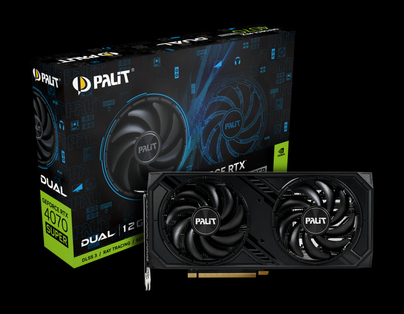 Palit RTX4070 SUPER DUAL Graphics Card, 12GB DDR6X, HDMI, 3 DP, 2475MHz Clock, RGB Lighting