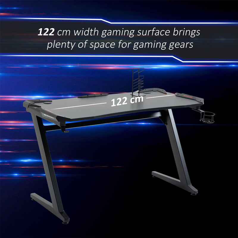 HOMCOM Gaming Desk, Ergonomic Home Office Desk, Gamer Workstation Racing Table, with Headphone Hook and Cup Holder, 122 x 66 x 86cm, Black