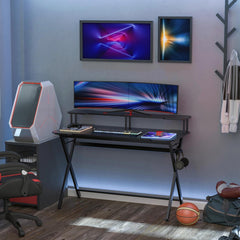 HOMCOM Gaming Desk with Headphone Hook and Curved Front