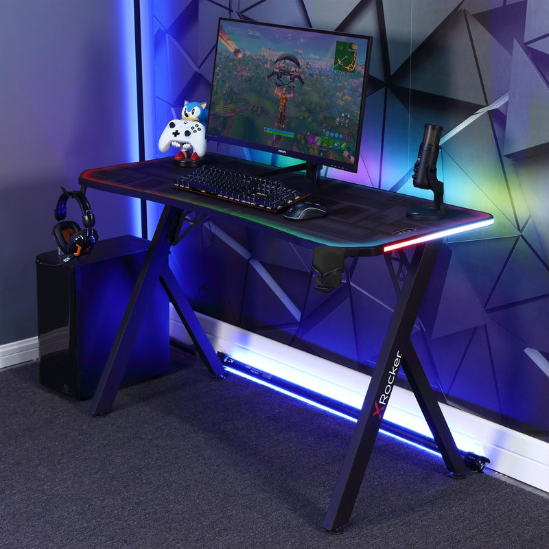 X Rocker Lumio Compact Gaming Desk with 3 Sided app-controlled LED Lighting - Black