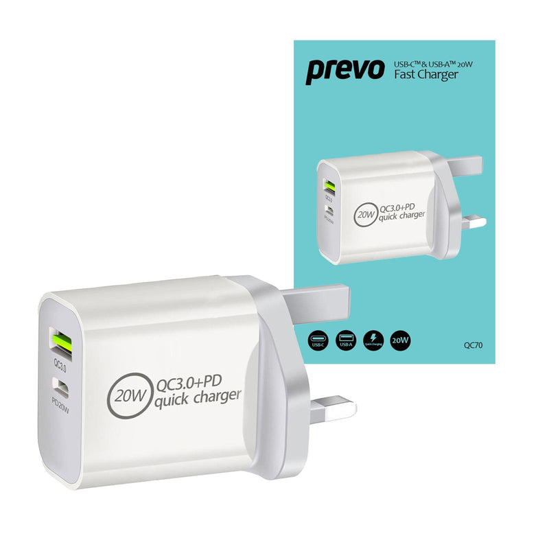 Prevo QC70 20W USB Type-C & USB Type-A Fast Charge Mains Charger with QC 3.0 and 2m USB-C Cable