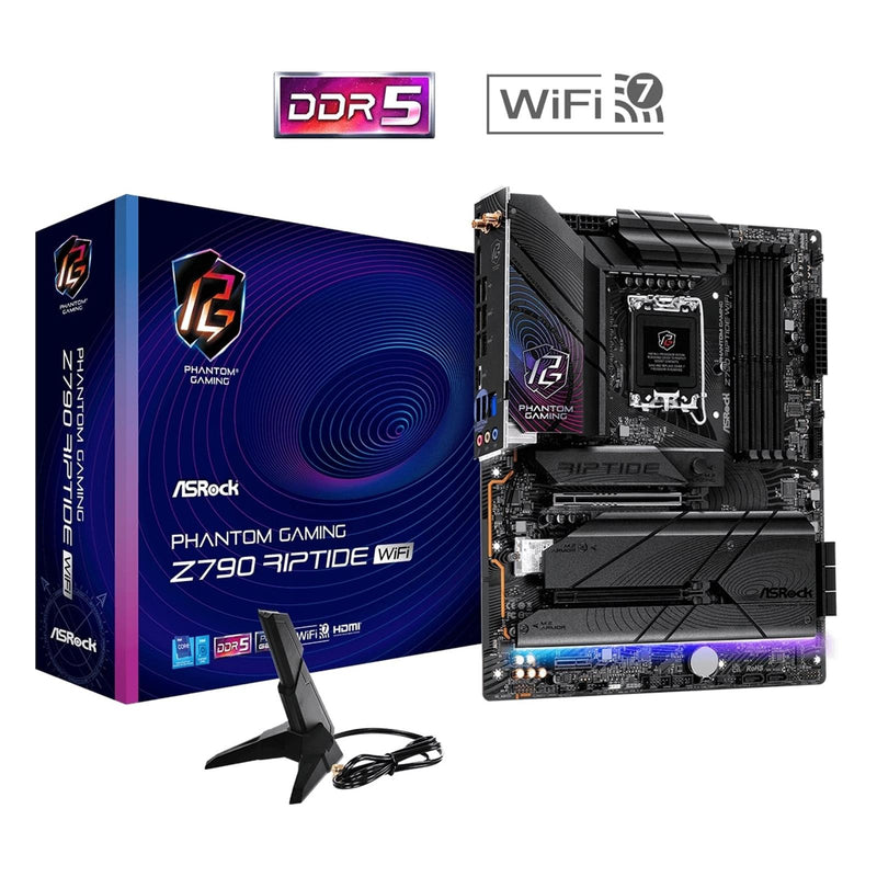 ASRock Z790 RIPTIDE WIFI Motherboard, Intel Socket LGA1700, Supports 14th, 13th & 12th Gen, 1x PCIe 5.0 x16, 1x PCIe 4.0 x16, PCIe 3.0 x1, ATX, USB 3.2 Gen2x2, Killer 2.5G LAN, Hyper M.2 PCIe Gen4 x 8 & SATA3, 802.11be WiFi 7 + Bluetooth