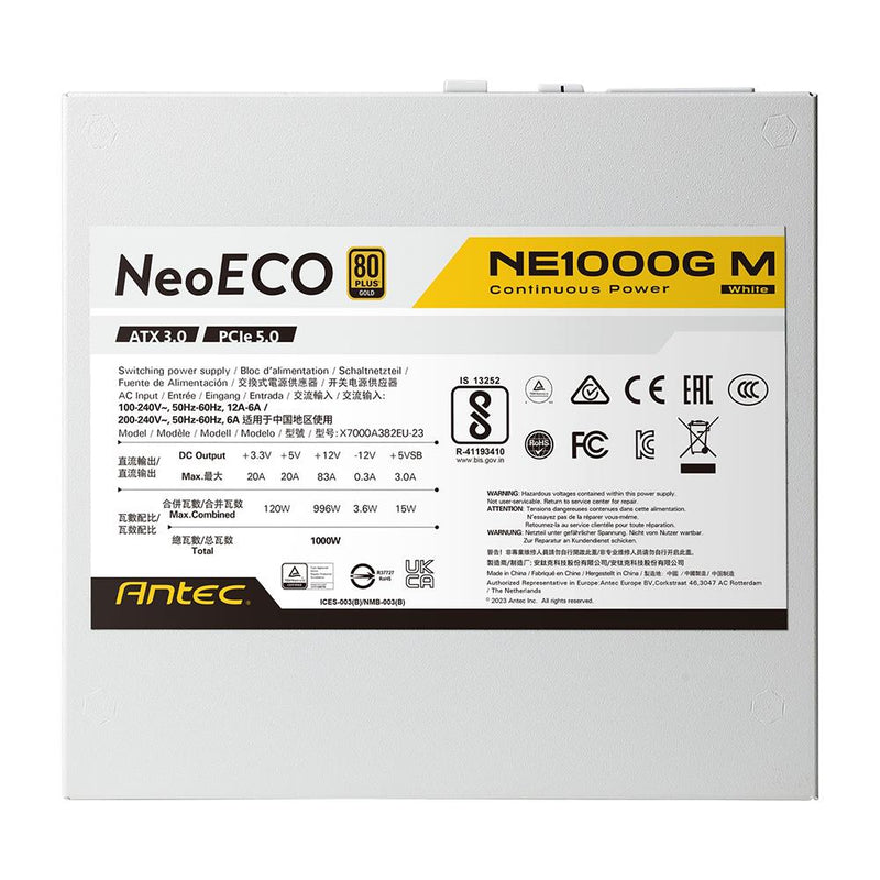 Antec NE1000G M, White, 80PLUS Gold, 83A, 120mm FDB Fan, ATX3.0 PSU