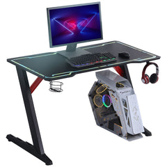 HOMCOM LED Gaming Desk, 120cm Racing Style Computer Table with Lights Cup Holder Headphone Hook Cable Management E-Sport Study Workstation – Black