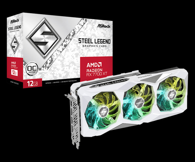 ASRock AMD Radeon™ RX7700 XT Steel Legend 12GB OC, PCIe4, 12GB DDR6, HDMI, 3 DP, 2599MHz Clock, RGB, Overclocked