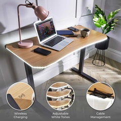 XR Living - Oka Office Desk with LED Lights & Wireless Charging - Oak Effect