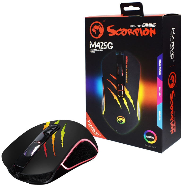 Marvo Scorpion M425G RGB Gaming Mouse, 7 Programmable Buttons, Optical Sensor Upto 3200 dpi, Rainbow Backlight with Multiple Effects, USB 2.0, Black