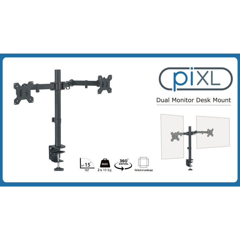 piXL Double Monitor Arm, For Upto 2x 27" Monitors, Desk Mounted