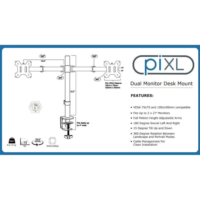 piXL Double Monitor Arm, For Upto 2x 27" Monitors, Desk Mounted