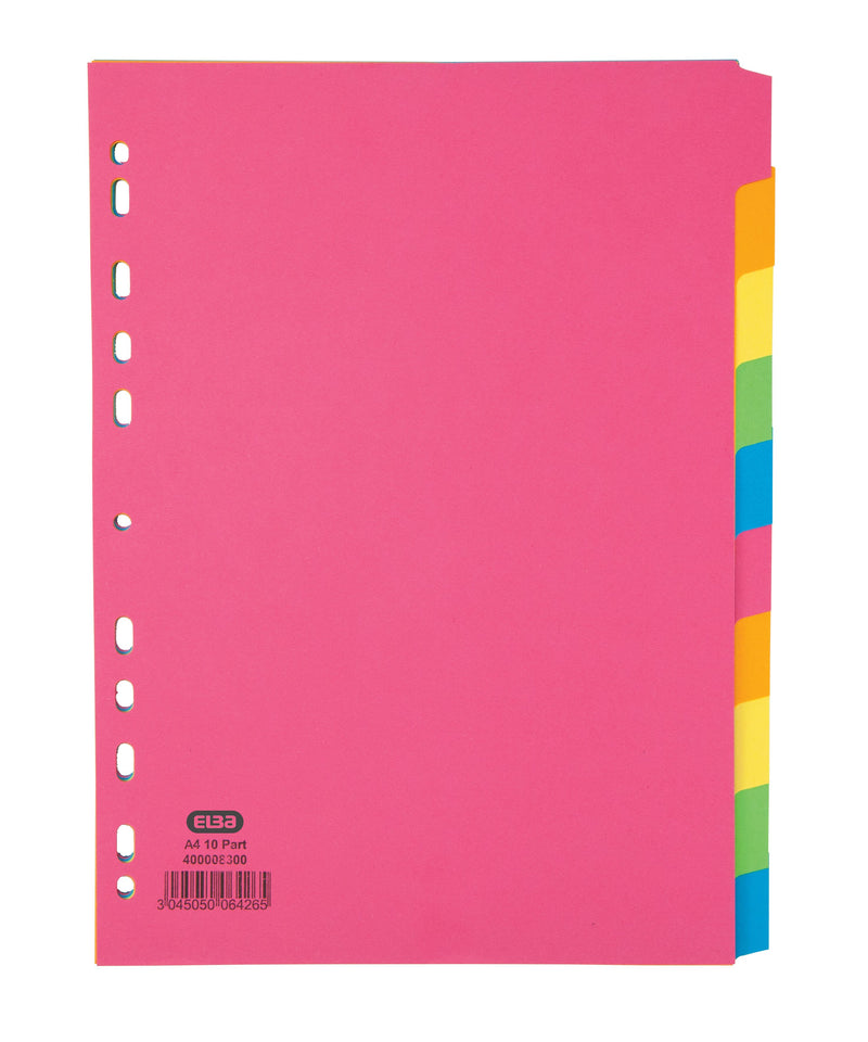 Elba Bright Coloured Card Dividers A4 Multipunched 10 Part