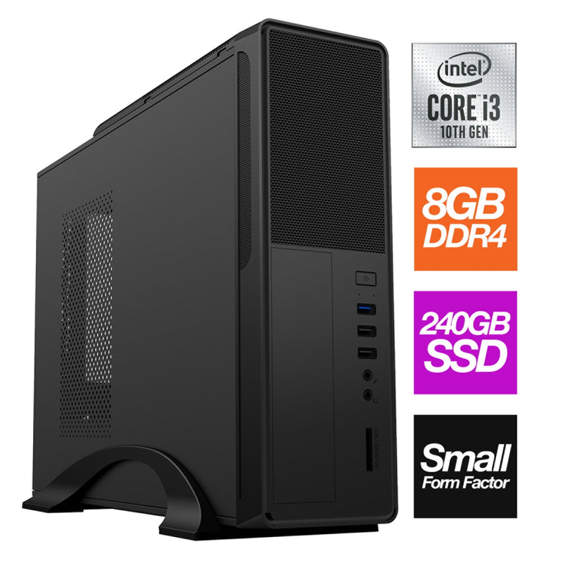 Small Form Factor - Intel i3 10105 Quad Core 8 Threads 3.70GHz (4.40GHz Boost), 8GB RAM, 240GB SSD, No Optical, with Windows 10 Pro Installed - Small Foot Print for Home or Office Use - Pre-Built PC