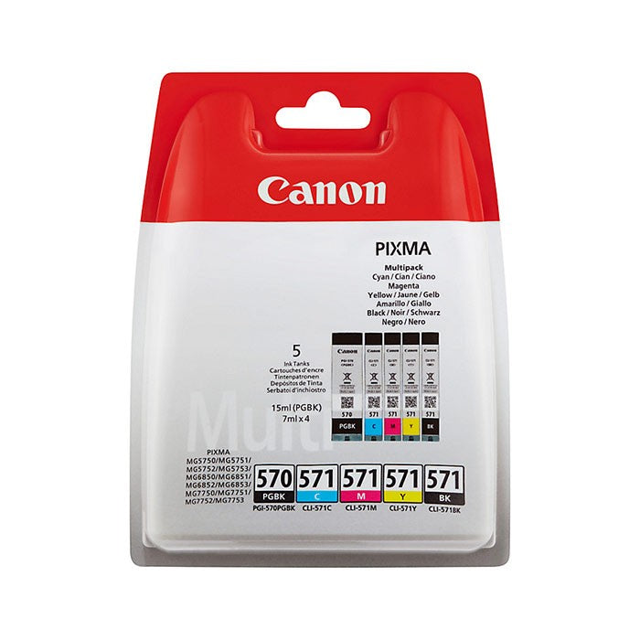 Canon PGI570BK CLI571 Black Photo Black Cyan Yellow Magenta Standard Capacity Ink Cartridge 15ml 4x7ml Multipack - 0372C004