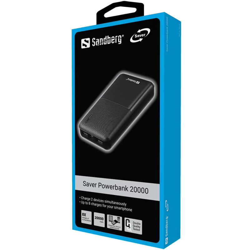 Sandberg Powerbank 20000, 20,000mAh, 2 x USB-A, 5 Year Warranty