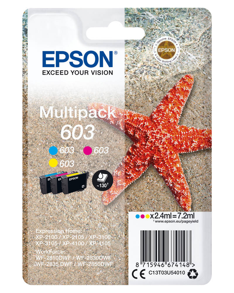 Epson 603 Starfish Cyan Magenta Yellow Standard Capacity Ink Cartridge 3 x 2.4ml Multipack - C13T03U54010