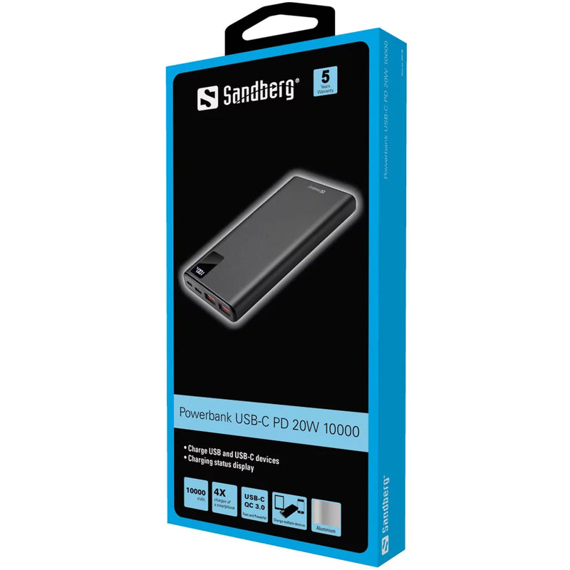 Sandberg (420-58) PD 20W 10000 Powerbank, 10000mAh, USB-C & USB-A, Aluminium, 5 Year Warranty