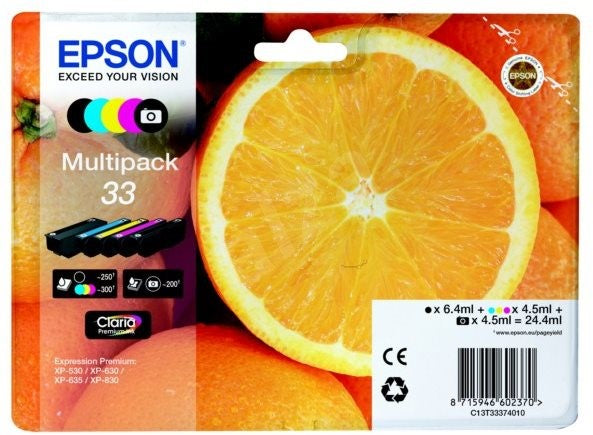 Epson 33 Oranges Black CMY Colour Standard Capacity Ink Cartridge 6ml 4 x 4.5ml Multi - C13T33374011