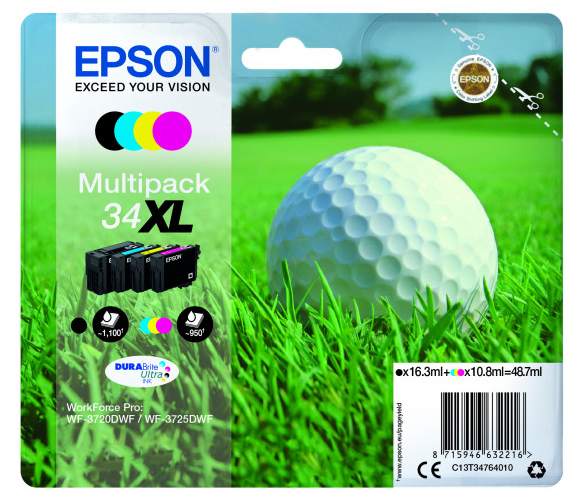 Epson 34XL Golfball Black CMY Colour High Yield Ink Cartridge 16ml 3 x 11ml Multipack - C13T34764010