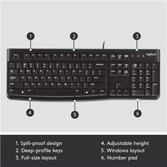 Logitech K120 Wired Keyboard, USB, Low Profile, Quiet Keys, OEM