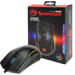 Marvo Scorpion G943 RGB Gaming Mouse, USB 2.0, Adjustable up to 5000 dpi, 6 Programmable Buttons, Pixart 3325 Optical Sensor, Only 100g Weight, Black