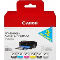 Canon PGI550 CLI551 Black Photo Black Cyan Grey Magenta Yellow Standard Capacity Ink Cartridge 6 x 7ml Multipack - 6496B005