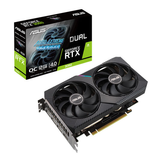 Asus DUAL RTX3060 V2 OC, PCIe4, 12GB DDR6, HDMI, 3 DP, 1867MHz Clock, RGB Lighting, Overclocked, LHR