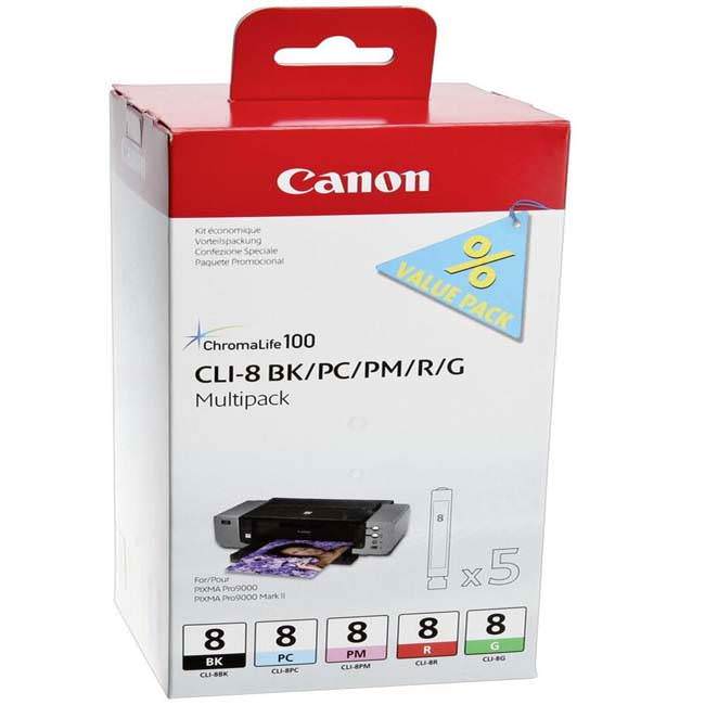 Canon CLI8 Black Cyan Magenta Red Green Standard Capacity Ink Cartridge 5 x 13ml Multipack - 0620B027