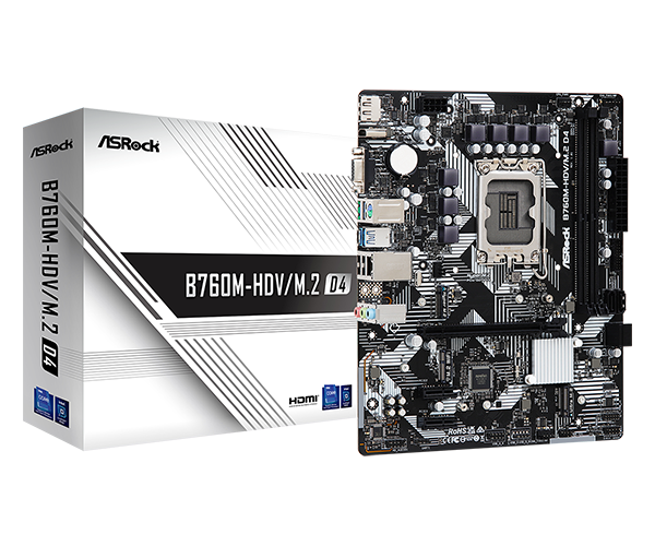 Asrock B760M-HDV/M.2 D4, Intel B760, 1700, Micro ATX, 2 DDR4, VGA, HDMI, DP, GB LAN, PCIe4, 2x M.2