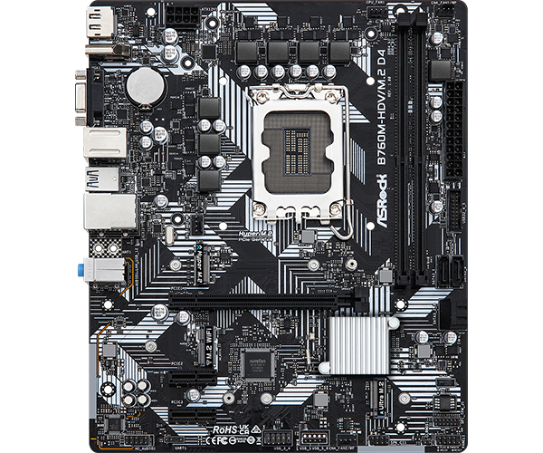 Asrock B760M-HDV/M.2 D4, Intel B760, 1700, Micro ATX, 2 DDR4, VGA, HDMI, DP, GB LAN, PCIe4, 2x M.2