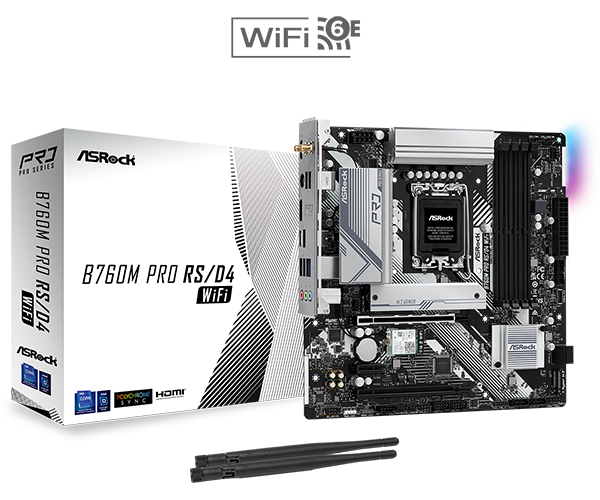 Asrock B760M PRO RS/D4 WIFI, Intel B760, 1700, Micro ATX, 4 DDR4, HDMI, DP, Wi-Fi 6E, 2.5G LAN, PCIe4, 2x M.2, RGB