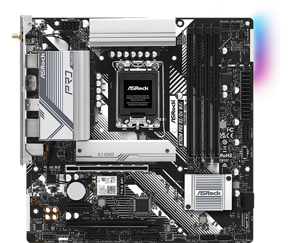 Asrock B760M PRO RS/D4 WIFI, Intel B760, 1700, Micro ATX, 4 DDR4, HDMI, DP, Wi-Fi 6E, 2.5G LAN, PCIe4, 2x M.2, RGB