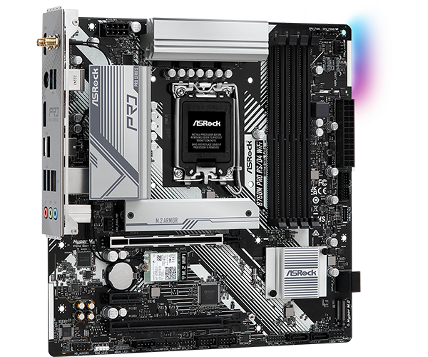 Asrock B760M PRO RS/D4 WIFI, Intel B760, 1700, Micro ATX, 4 DDR4, HDMI, DP, Wi-Fi 6E, 2.5G LAN, PCIe4, 2x M.2, RGB