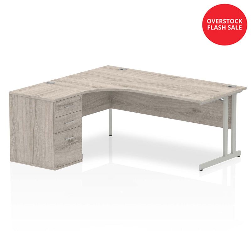 Impulse 1600mm Left Crescent Desk Grey Oak Top Silver Cantilever Leg Workstation 600 Deep Desk High Pedestal Bundle