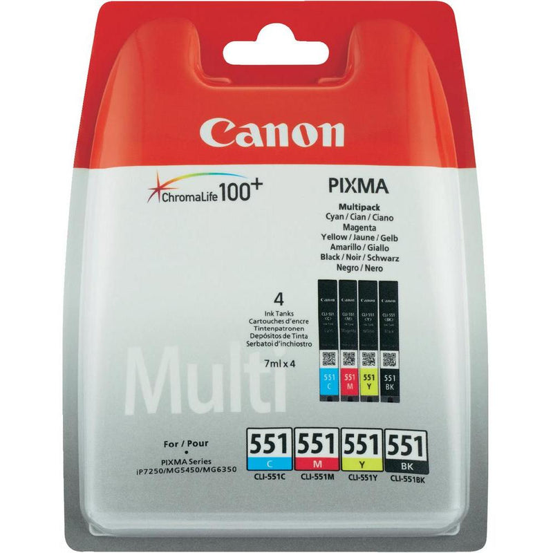 Canon CLI551 Black Cyan Magenta Yellow Standard Capacity Ink Cartridge 4 x 7ml Multipack - 6509B009